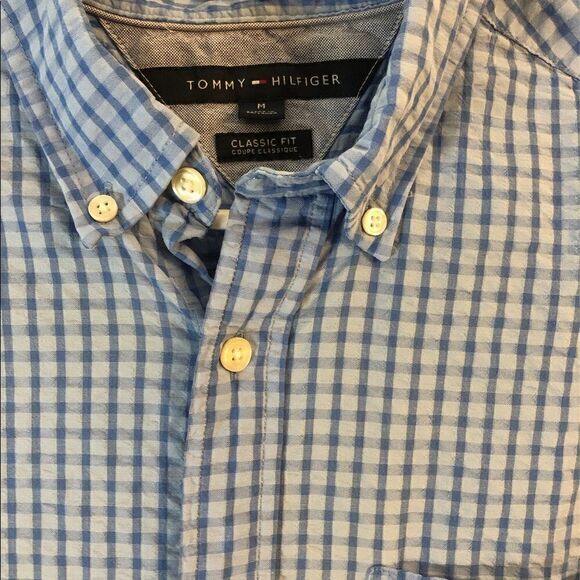 Tommy Hilfiger 100% cotton blue textured button front short sleeve classic fit M - Picture 2 of 6
